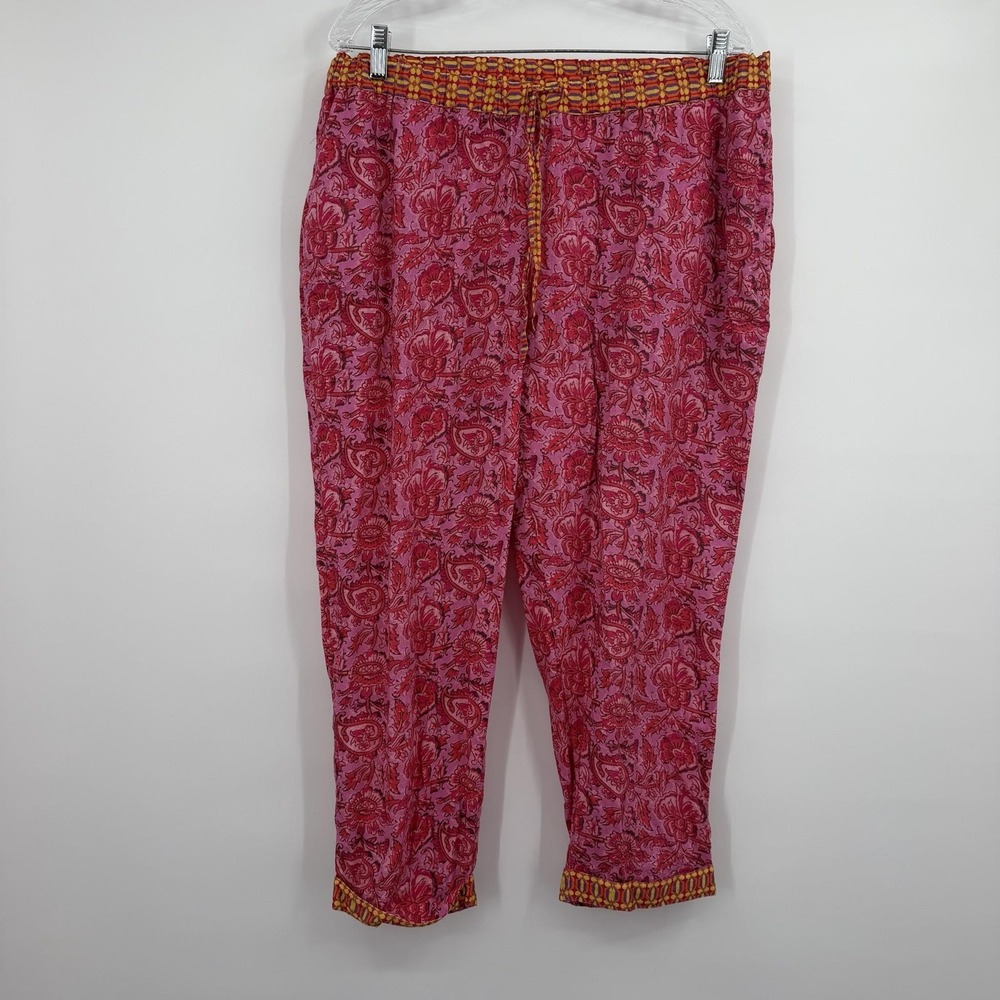 Sundance Pants Womens Large Pink Floral Pull On Elastic Waist Tasseled Comfort